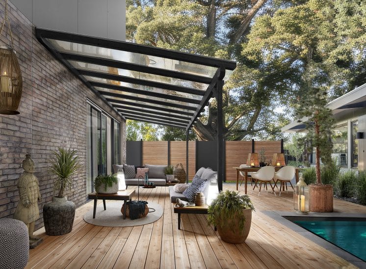 Studio3001 Fotografie Foto Interieur Terrasse Ziegel Pool Zaun Pergola Modern Sitzecke Sonnenplatz